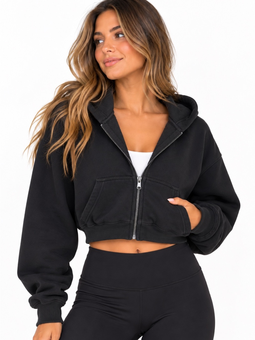 Skims Cropped Hoodie Zip Up Sweatshirt